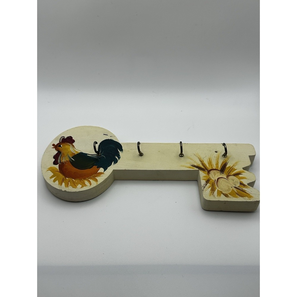 4 Key Holder Wooden Wall Mount Hand Painted Rooster Chicken Cottage Core Country